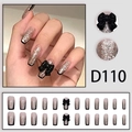 Handmade press-on nails set in black French style with silver glitter and 3D bow detail - D110 (Glue Type)