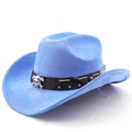 Close-up of bright blue suede cowboy hat with silver skulls and brown leather band - M (56-58cm) / Deep Sky Blue