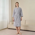 Gray waffle knit bathrobe for men and women with white piping and belted waist - Silver Gray (Women)