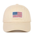 Close-up of American flag embroidery on khaki cotton baseball cap with twill texture - Beige