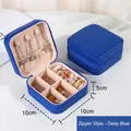 Square dark blue PU leather jewelry travel case with zipper closure and storage slots - Zipper Style / Dark Blue