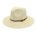 Klassischer Strohhut mit breiter Krempe, braunem Lederband und goldener Schnalle - M(56-58cm) / Creme