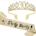Gold 30th Birthday set with Dirty Thirty sash and rhinestone tiara on white background - Sash Tiara Set / Gold 30 Tiara Dirty Thirty Set