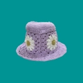 Handmade purple knit bucket hat featuring white daisy floral embroidery and crochet texture - One Size / Purple White Patchwork Hat