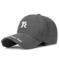 Distressed charcoal grey canvas baseball cap with white 3D letter R embroidery and ripped brim - Adjustable / Gray