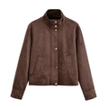 Giacca in pelle scamosciata marrone con colletto alla coreana e bottoni dorati in metallo - XS / Marrone