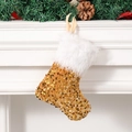 Golden sequin Christmas stocking with white faux fur hanging on a decorated mantel - Small Gold Sequin Stocking
