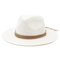 Detail of white straw fedora hat featuring woven texture and brown cord with gold beads - White