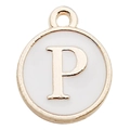 White enamel gold-plated round letter P charm pendant for DIY bracelets and jewelry - Letter P / 1 Piece (12x14mm) / White