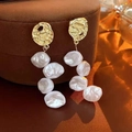 Elegant gold hammered metal earrings with four irregular hanging white pearls - Gold Hammered Four Irregular Pearl Drop Earrings