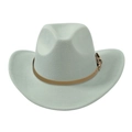 Detail of mint green wool felt fedora with a vintage brown faux leather buckle band - Adult 58cm One Size / Light Gray