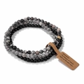 Close-up of three-layer natural stone bead bracelet set with a small brown paper tag - FK1775-Black Agate/Jasper Set