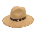 Cappello di paglia retrò kaki con tesa sfrangiata e cinturino in pelle con borchie - Cachi