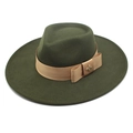 Detail of dark green wool fedora with champagne ribbon and gold bee accent - M (56-58cm) / Army Green