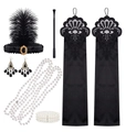 Ensemble Gatsby 1920 avec bandeau à plumes noires et perles pour soirée rétro - Ensemble 6 Pièces Strass Noir