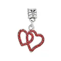 Silver alloy double interlocking heart charm with red rhinestones and bow hanger - 29-Interlocking Hearts
