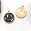 DIY black enamel round pendant with golden smiley face and textured metal back - Round Smiley Face (11924)