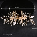 Detailed view of pearl and rhinestone floral bridal hair comb with size measurements - Gold Pearl Rhinestone White Leaf Style (HS-J4497G)