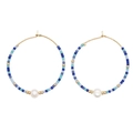 Bohemian large hoop earrings with multi-color beads and white pearl accent - Deep Blue Green Pearl (MI-E220218G)