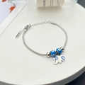 Silver stainless steel snake chain bracelet with elephant charm and blue evil eye beads - Steel Color (Blue Bead Elephant Luck Style)