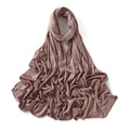 Detail of dusty pink modal jersey hijab scarf showing soft fabric and overlock edges - Bean Paste (#22)