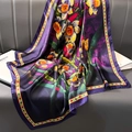 Deep purple silk scarf with vibrant daffodil print and luxury satin finish texture - Style 14