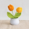Handmade crochet orange and yellow tulip flower plant in a white ceramic pot - 2-Head Tulip Yellow