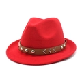Close-up of red wool felt hat featuring brown faux leather band and silver metal accents - M (56-58cm) / Red