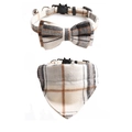 British style beige plaid pet collar set with bowtie, bell, and matching triangle scarf - Bowknot Collar + Bandana Set / White Zirconia Set