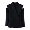 Detail view of black double-breasted blazer with unique cut-out shoulder design - S / Black