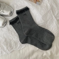Dark grey crew socks with black lace trim and bow embroidery on white background - One Size / Dark Grey Lace