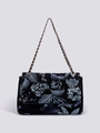 Black woven shoulder bag with floral sequin embroidery and gold chain strap detail - Dark Blue Sequin #2