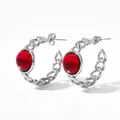 Silver hollow C-shaped chain earrings with a large translucent red glass gemstone - Silver Color Red