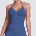 Close-up of blue seamless halter yoga vest featuring a pleated chest design and matte fabric - Blue Gray