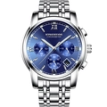 Elegant men's waterproof steel watch with blue sunray dial and chronograph features - Silver Steel Strap Blue Dial