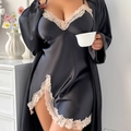 Women's black ice silk pajama set with pink lace trim and matching satin robe - 3XL / Black