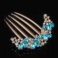 Vintage golden alloy hair comb with blue water-drop crystals and five-prong design - Blue