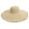 Close-up of wide brim straw beach hat with fringe edge detail and woven texture - One Size / Raw Edge Style / 48cm Fringe Beige