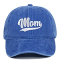 Detailed view of white 'Mom' embroidery on a washed blue cotton canvas baseball cap - Royal Blue (Mom)