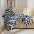 Blue and white knit chenille blanket with long tassels on a beige sofa - 130*170CM (with tassels) 750g / Navy Blue