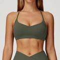 Olivgrüner Yoga-Sport-BH mit dünnen Trägern und V-Ausschnitt für Fitness-Training - XL / Zederngrün