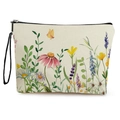 Floral canvas makeup bag with watercolor flowers, black zipper and wristlet strap - Wildflower and Butterfly Print (Style 4)