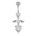 Silver navel ring with triple heart-shaped zircons and delicate angel wings design - Silver Angel