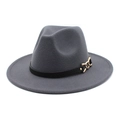 Close-up of grey wool fedora hat with black snakeskin band and interlocking gold chain - Dark Gray