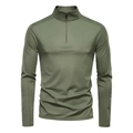 Détail du col montant zippé et du tissu anti-UV vert olive sur le t-shirt de sport - S / Vert Armée