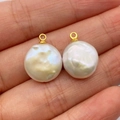 Two baroque flat round freshwater pearl pendants with golden rings for DIY jewelry - Freshwater Pearl