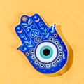 Hand der Fatima Schmuckschale aus blauer Keramik mit bösem Blick auf gelbem Hintergrund - Blau (Mehrere Kreise)