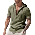 Detail of army green men's hooded Henley shirt showing waffle texture and button placket - Army Green