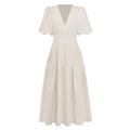 Elegant cream V-neck puff sleeve midi dress with high-waisted A-line pleated silhouette - S / Apricot