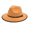 Close-up of camel wool fedora hat with black leather strap and gold metal buckle - M (56-58cm) / Camel